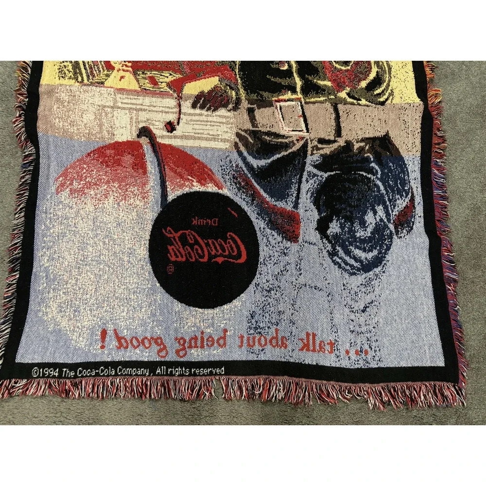 1994 Coca Cola Santa Clause Christmas Holiday Woven Fringe Throw Blanket 44X58